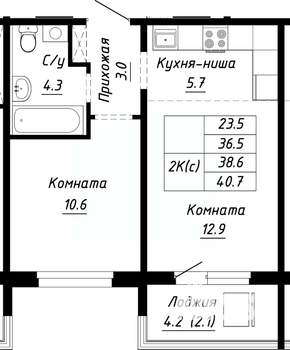 2-к квартира, строящийся дом, 39м2, 9/10 этаж