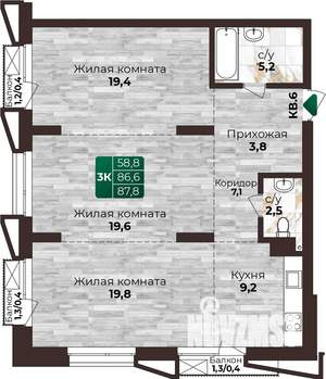 3-к квартира, строящийся дом, 88м2, 6/22 этаж