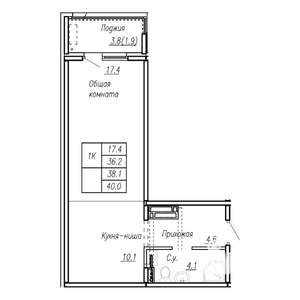 1-к квартира, строящийся дом, 38м2, 2/17 этаж