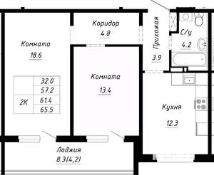 2-к квартира, вторичка, 61м2, 9/10 этаж
