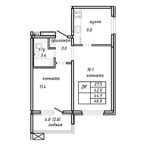 2-к квартира, строящийся дом, 45м2, 3/15 этаж