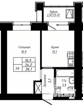 1-к квартира, строящийся дом, 36м2, 15/16 этаж