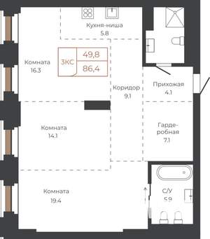 3-к квартира, строящийся дом, 86м2, 5/27 этаж