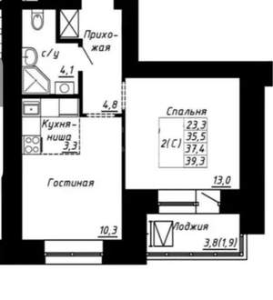 2-к квартира, вторичка, 37м2, 10/16 этаж