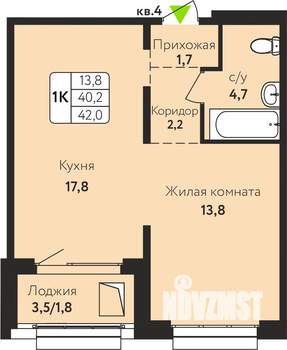 1-к квартира, строящийся дом, 42м2, 2/10 этаж