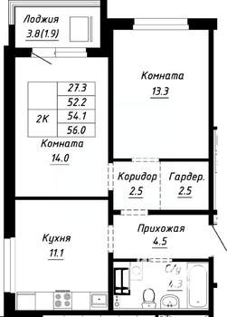 2-к квартира, строящийся дом, 54м2, 5/10 этаж