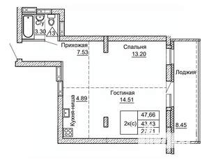 2-к квартира, строящийся дом, 48м2, 4/9 этаж
