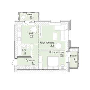 2-к квартира, строящийся дом, 54м2, 6/8 этаж