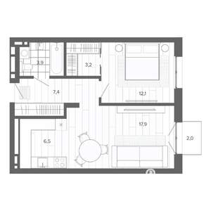 2-к квартира, строящийся дом, 53м2, 5/9 этаж