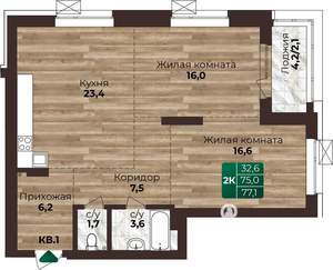 2-к квартира, вторичка, 77м2, 6/22 этаж