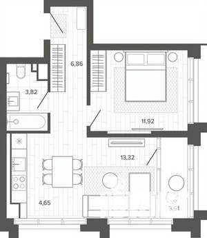 1-к квартира, строящийся дом, 43м2, 11/19 этаж