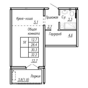 1-к квартира, строящийся дом, 30м2, 19/22 этаж