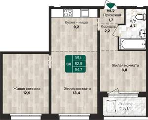 3-к квартира, строящийся дом, 55м2, 6/17 этаж