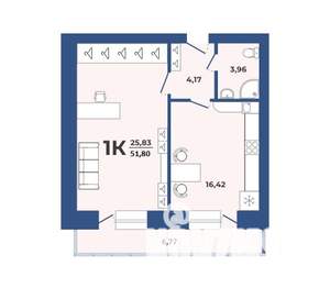 1-к квартира, строящийся дом, 52м2, 3/9 этаж