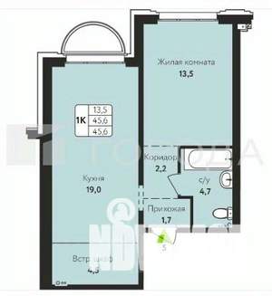 2-к квартира, вторичка, 46м2, 1/18 этаж