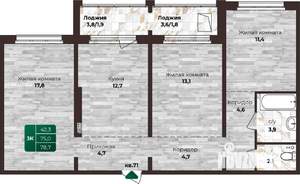 3-к квартира, строящийся дом, 79м2, 12/16 этаж