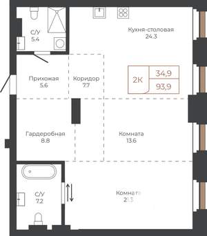 2-к квартира, строящийся дом, 94м2, 6/27 этаж