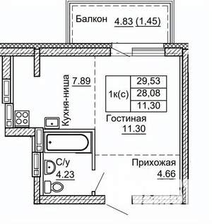 1-к квартира, строящийся дом, 30м2, 6/9 этаж