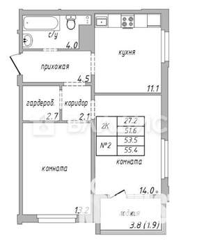2-к квартира, вторичка, 52м2, 13/18 этаж