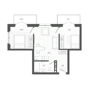 3-к квартира, строящийся дом, 55м2, 6/9 этаж