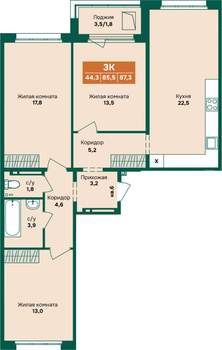 3-к квартира, строящийся дом, 87м2, 2/17 этаж