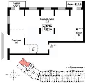 1-к квартира, строящийся дом, 133м2, 19/23 этаж
