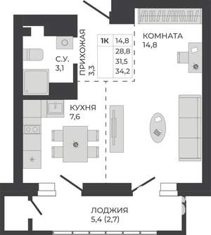 1-к квартира, строящийся дом, 32м2, 14/21 этаж