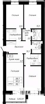 4-к квартира, строящийся дом, 100м2, 6/10 этаж