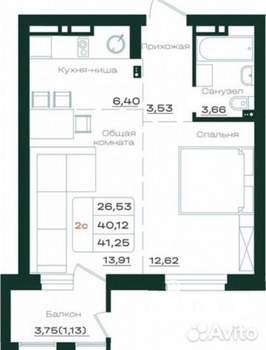 2-к квартира, вторичка, 42м2, 6/17 этаж