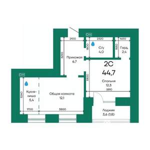 2-к квартира, строящийся дом, 45м2, 9/10 этаж