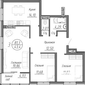 3-к квартира, сданный дом, 81м2, 4/25 этаж