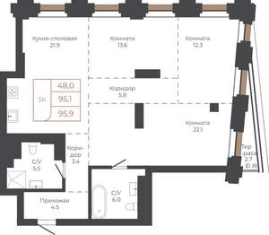 3-к квартира, строящийся дом, 96м2, 18/27 этаж