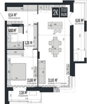 2-к квартира, вторичка, 65м2, 12/15 этаж
