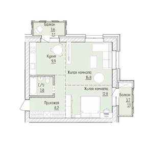 2-к квартира, строящийся дом, 54м2, 6/8 этаж