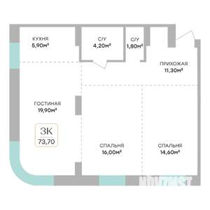 3-к квартира, строящийся дом, 74м2, 3/7 этаж