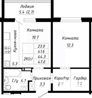 2-к квартира, строящийся дом, 44м2, 2/10 этаж