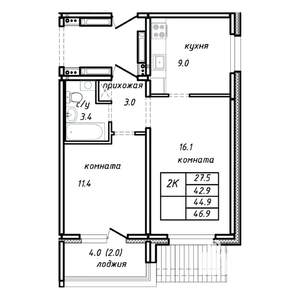 2-к квартира, строящийся дом, 45м2, 1/15 этаж