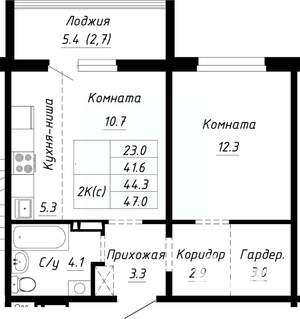 2-к квартира, вторичка, 44м2, 1/10 этаж