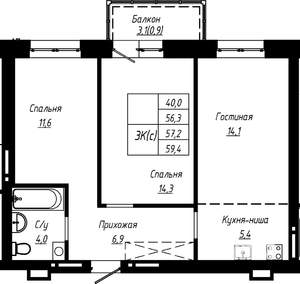 3-к квартира, строящийся дом, 57м2, 6/16 этаж
