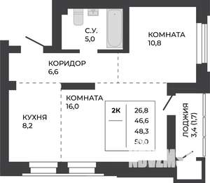 2-к квартира, строящийся дом, 48м2, 19/21 этаж