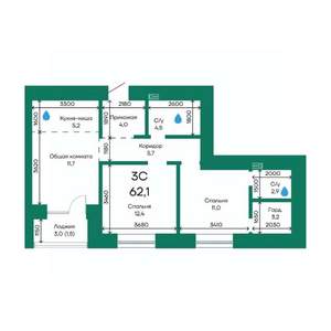 3-к квартира, строящийся дом, 62м2, 8/10 этаж