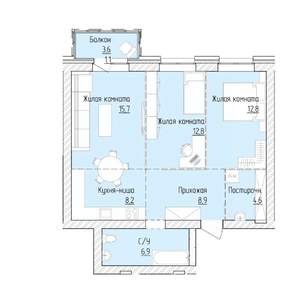 3-к квартира, строящийся дом, 71м2, 4/8 этаж