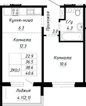 2-к квартира, строящийся дом, 39м2, 4/10 этаж