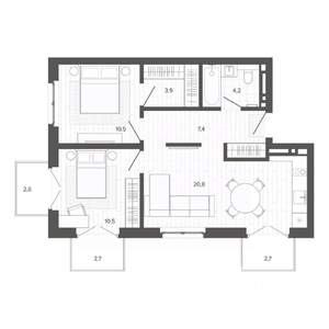 3-к квартира, строящийся дом, 65м2, 4/9 этаж