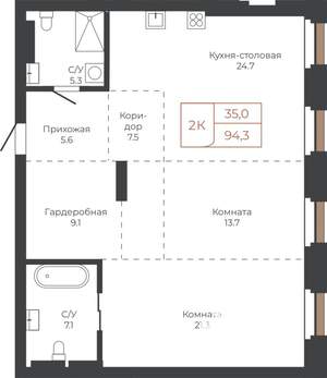 2-к квартира, строящийся дом, 94м2, 16/27 этаж