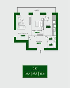 2-к квартира, вторичка, 59м2, 5/17 этаж