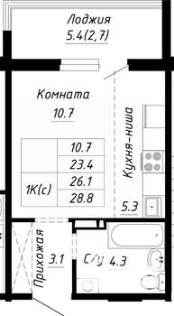 1-к квартира, строящийся дом, 26м2, 7/10 этаж