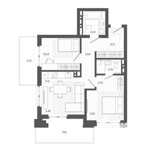 2-к квартира, строящийся дом, 70м2, 7/9 этаж
