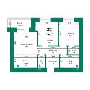 3-к квартира, строящийся дом, 55м2, 6/10 этаж