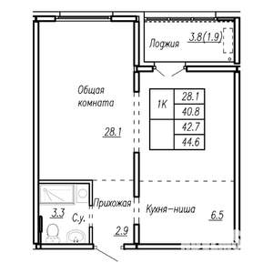 1-к квартира, строящийся дом, 43м2, 12/22 этаж